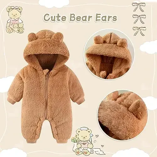 UVIPC Baby Newborn Bear Outfit Fleece Snowsuit Winter Clothes Hooded Jumpsuit Romper for Baby boy girl - 2