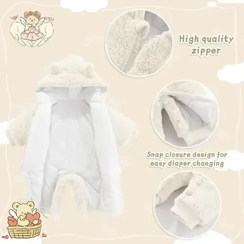 UVIPC Baby Newborn Bear Outfit Fleece Snowsuit Winter Clothes Hooded Jumpsuit Romper for Baby boy girl - 3