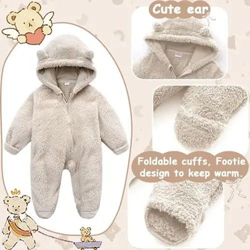 UVIPC Newborn Baby Bear Fleece Outfit Footie Jumpsuit Qishki Romper Qor kostyumi Ayiq kostyumi Issiq kapüşonli kiyimlar - 3