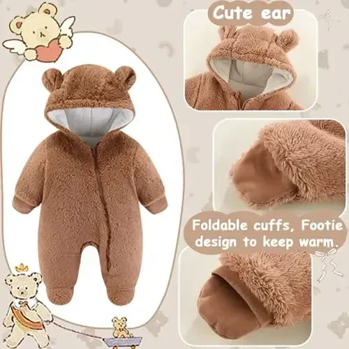 UVIPC Newborn Baby Bear Fleece Outfit Footie Jumpsuit Qishki Romper Qor kostyumi Ayiq kostyumi Issiq kaputli kiyimlar - UVIPC (1)