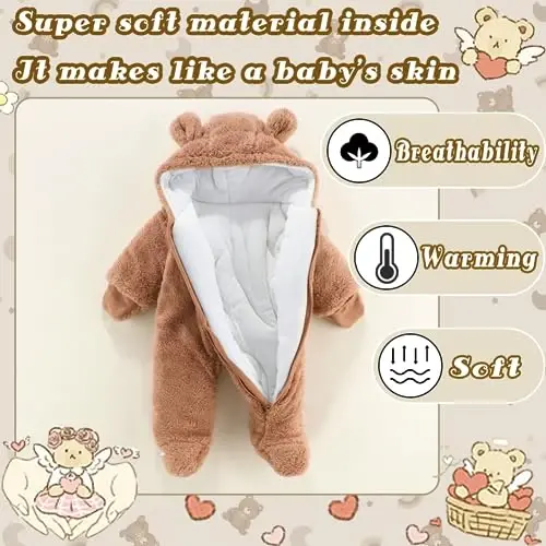 UVIPC Newborn Baby Bear Fleece Outfit Footie Jumpsuit Qishki Romper Qor kostyumi Ayiq kostyumi Issiq kaputli kiyimlar - 4