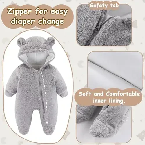 UVIPC Newborn Baby Bear Fleece Outfit Footie Jumpsuit Winter Romper Snowsuit outfit Bear Suit Warm Hooded Outfits - 3