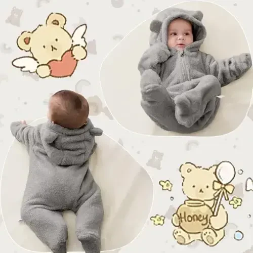 UVIPC Newborn Baby Bear Fleece Outfit Footie Jumpsuit Winter Romper Snowsuit outfit Bear Suit Warm Hooded Outfits - 6