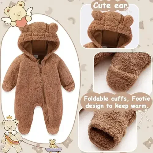 UVIPC Newborn Baby Bear Fleece Outfit Footie Jumpsuit Winter Romper Snowsuit outfit Bear Suit Warm Hooded Outfits - 3