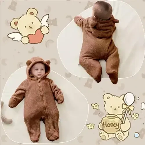 UVIPC Newborn Baby Bear Fleece Outfit Footie Jumpsuit Winter Romper Snowsuit outfit Bear Suit Warm Hooded Outfits - 6