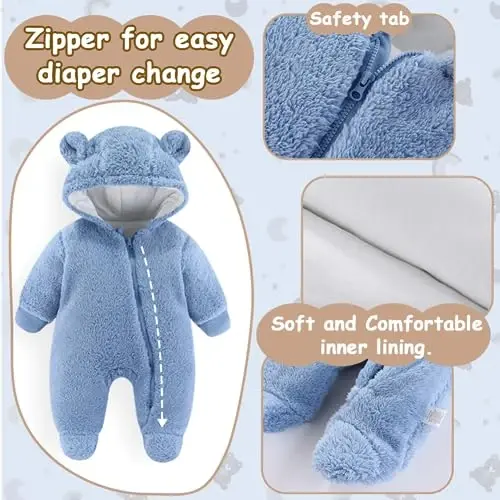 UVIPC Newborn Baby Bear Fleece Outfit Footie Jumpsuit Winter Romper Snowsuit outfit Bear Suit Warm Hooded Outfits - 3