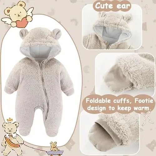 UVIPC Newborn Baby Bear Fleece Outfit Footie Jumpsuit Winter Romper Snowsuit outfit Bear Suit Warm Hooded Outfits - UVIPC (1)
