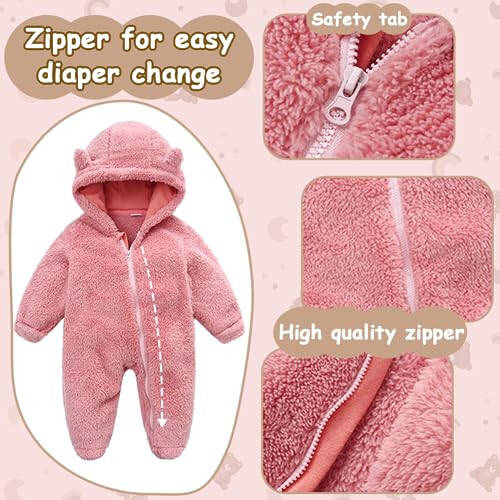 UVIPC Newborn Baby Fleece Footie Snowsuit Winter Onesie Cartoon Bear Warm Hooded Outfits for Girls Boys - 2