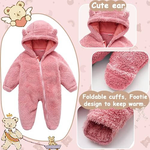 UVIPC Newborn Baby Fleece Footie Snowsuit Winter Onesie Cartoon Bear Warm Hooded Outfits for Girls Boys - 3