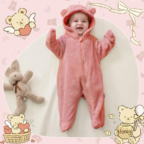 UVIPC Newborn Baby Fleece Footie Snowsuit Winter Onesie Cartoon Bear Warm Hooded Outfits for Girls Boys - 5