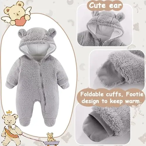 UVIPC Newborn Baby Bear Fleece Outfit Footie Jumpsuit Winter Romper Snowsuit outfit Bear Suit Warm Hooded Outfits - 2