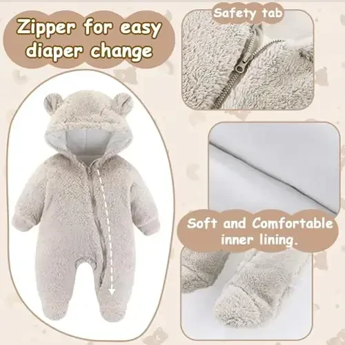 UVIPC Newborn Baby Bear Fleece Outfit Footie Jumpsuit Winter Romper Snowsuit outfit Bear Suit Warm Hooded Outfits - 3