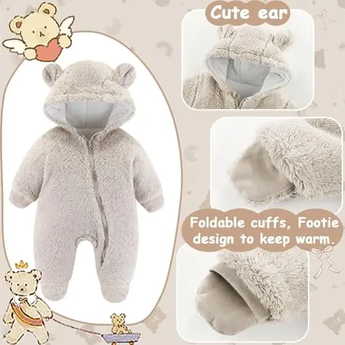 UVIPC Newborn Baby Bear Fleece Outfit Footie Jumpsuit Winter Romper Snowsuit outfit Bear Suit Warm Hooded Outfits - 2