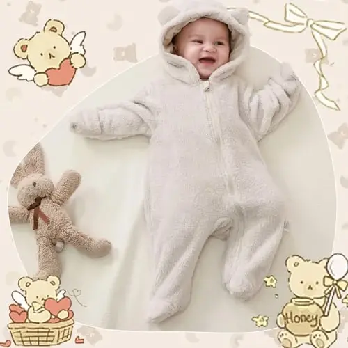 UVIPC Newborn Baby Bear Fleece Outfit Footie Jumpsuit Winter Romper Snowsuit outfit Bear Suit Warm Hooded Outfits - 6