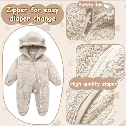UVIPC Newborn Baby Bear Fleece Outfit Footie Jumpsuit Winter Romper Snowsuit outfit Bear Suit Warm Hooded Outfits - 2