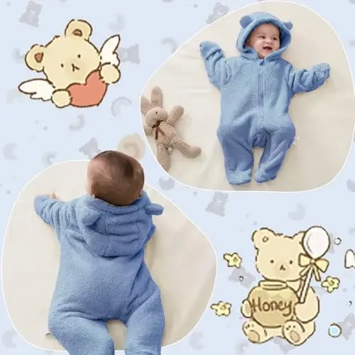 UVIPC Newborn Baby Bear Fleece Outfit Footie Jumpsuit Winter Romper Snowsuit outfit Bear Suit Warm Hooded Outfits - 6