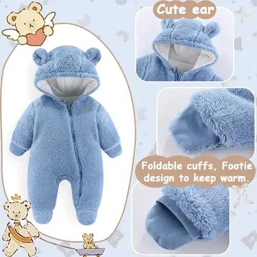 UVIPC Newborn Baby Bear Fleece Outfit Footie Jumpsuit Winter Romper Snowsuit outfit Bear Suit Warm Hooded Outfits - 2
