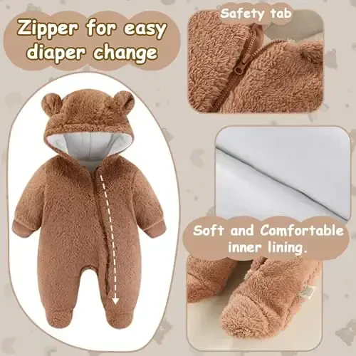 UVIPC Newborn Baby Bear Fleece Outfit Footie Jumpsuit Winter Romper Snowsuit outfit Bear Suit Warm Hooded Outfits - 3
