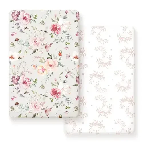 Fitted Pack n Play Sheets Set 2 Pack, Stretchy Ultra Soft Jersey Knit Portable/Mini Crib Sheets for Girls, Universal Fit for Pack N Plays Safe and Snug, Beautiful Flowers and Insects Pattern for Baby - 1