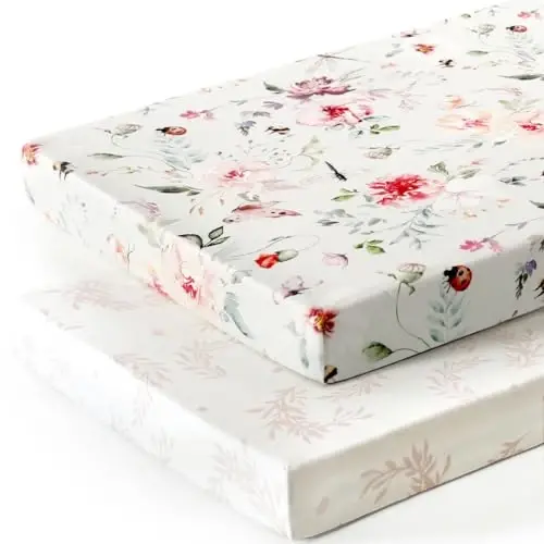Fitted Pack n Play Sheets Set 2 Pack, Stretchy Ultra Soft Jersey Knit Portable/Mini Crib Sheets for Girls, Universal Fit for Pack N Plays Safe and Snug, Beautiful Flowers and Insects Pattern for Baby - 2
