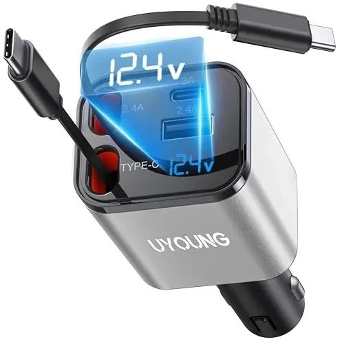 UYOUNG 4 in 1 Retractable Car Charger for iPhone with Dual Type C Cables, 66W Fast Phone Chargers Cigarette Lighter, Gift for Men Women Car Accessories Compatible with iPhone 17/16/15/14/13/Pro-Silver - UYOUNG