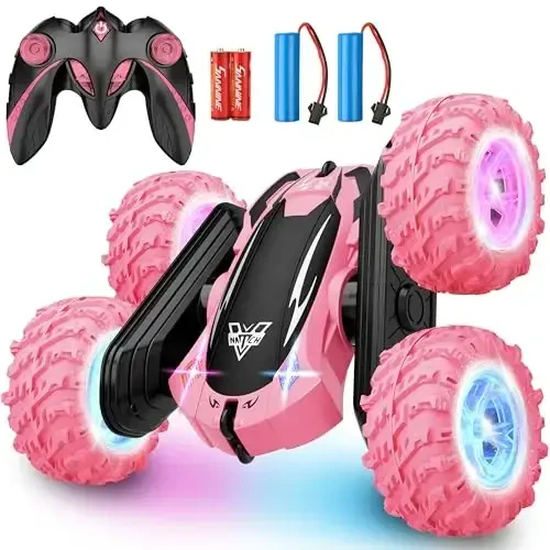 Remote Control Car, 2.4GHz RC Stunt Car, Double Sided 360° Rotating RC Cars with LED Headlight & LED Wheel, High Speed Off Road RC Crawler Xmas Gift for 3 4 5 6 7 8-12 Year Old Girls Toys (Pink) 