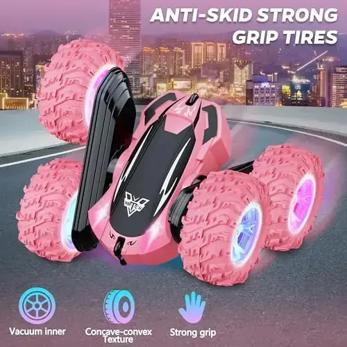 Remote Control Car, 2.4GHz RC Stunt Car, Double Sided 360° Rotating RC Cars with LED Headlight & LED Wheel, High Speed Off Road RC Crawler Xmas Gift for 3 4 5 6 7 8-12 Year Old Girls Toys (Pink) - 5