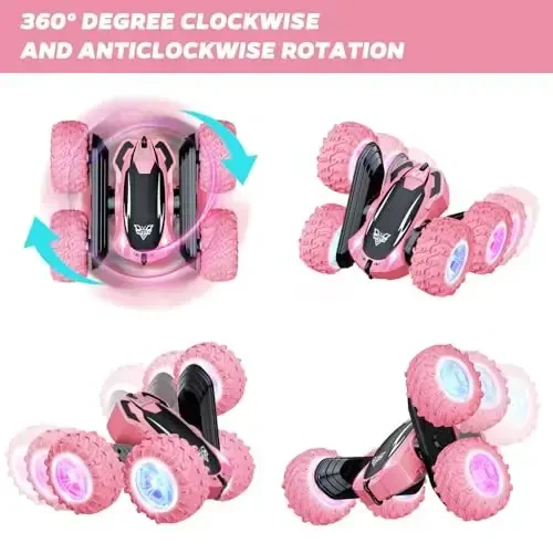 Remote Control Car, 2.4GHz RC Stunt Car, Double Sided 360° Rotating RC Cars with LED Headlight & LED Wheel, High Speed Off Road RC Crawler Xmas Gift for 3 4 5 6 7 8-12 Year Old Girls Toys (Pink) - 3