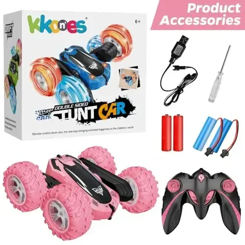 Remote Control Car, 2.4GHz RC Stunt Car, Double Sided 360° Rotating RC Cars with LED Headlight & LED Wheel, High Speed Off Road RC Crawler Xmas Gift for 3 4 5 6 7 8-12 Year Old Girls Toys (Pink) - 4