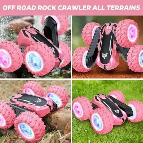 Remote Control Car, 2.4GHz RC Stunt Car, Double Sided 360° Rotating RC Cars with LED Headlight & LED Wheel, High Speed Off Road RC Crawler Xmas Gift for 3 4 5 6 7 8-12 Year Old Girls Toys (Pink) - 6