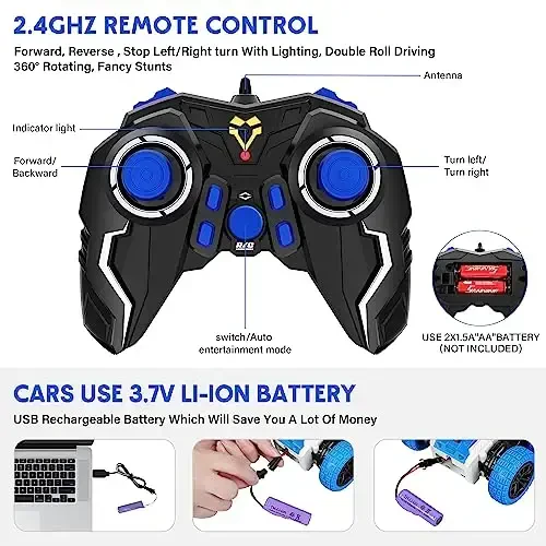 Double Sided RC Car, 4WD Off-Road Stunt Car with 360 Flips, 2.4Ghz Indoor Outdoor All Terrain Rechargeable Electric Toy Car Gift for Boys & Girls Aged 3-12 - 3