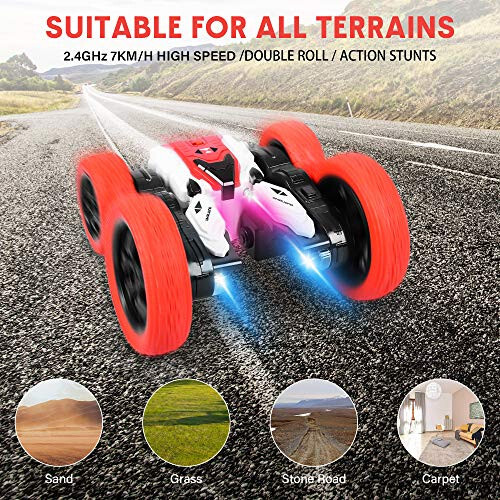 Uzaktan Kumandalı Araba, Çift Taraflı RC Araba, 360° Takla Atan 4WD Off-Road Stunt Araba, 2.4Ghz Kapalı/Açık Tüm Arazi Şarj Edilebilir Elektrikli Oyuncak Arabalar 3 Yaş ve Üzeri Erkek Çocuklar İçin Hediyeler (Kırmızı) - 14