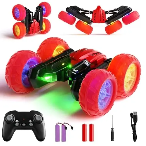 28°C Remote Control Car RC Cars, 360°Rotating RC Race Car Toy with Headlight Wheel Light, 2.4Ghz Double-Side Roll 4WD Rock Crawler, Birthday Gifts for Boys Girls Age 3+ Year Old Kids Toys (Red) - 1
