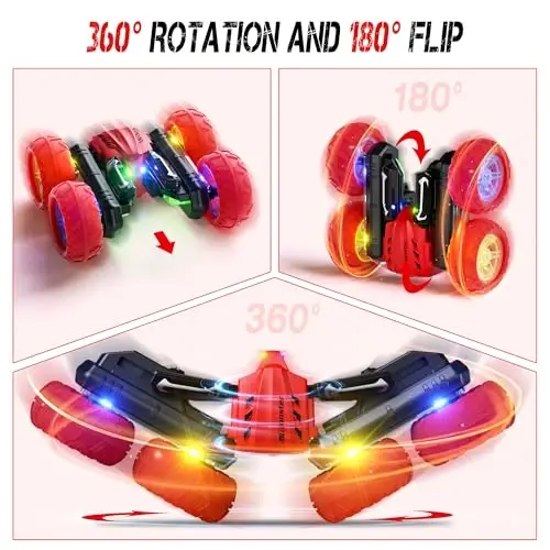28°C Remote Control Car RC Cars, 360°Rotating RC Race Car Toy with Headlight Wheel Light, 2.4Ghz Double-Side Roll 4WD Rock Crawler, Birthday Gifts for Boys Girls Age 3+ Year Old Kids Toys (Red) - 2