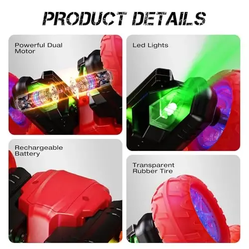 28°C Remote Control Car RC Cars, 360°Rotating RC Race Car Toy with Headlight Wheel Light, 2.4Ghz Double-Side Roll 4WD Rock Crawler, Birthday Gifts for Boys Girls Age 3+ Year Old Kids Toys (Red) - 4