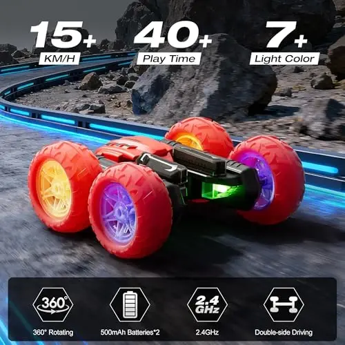28°C Remote Control Car RC Cars, 360°Rotating RC Race Car Toy with Headlight Wheel Light, 2.4Ghz Double-Side Roll 4WD Rock Crawler, Birthday Gifts for Boys Girls Age 3+ Year Old Kids Toys (Red) - 5