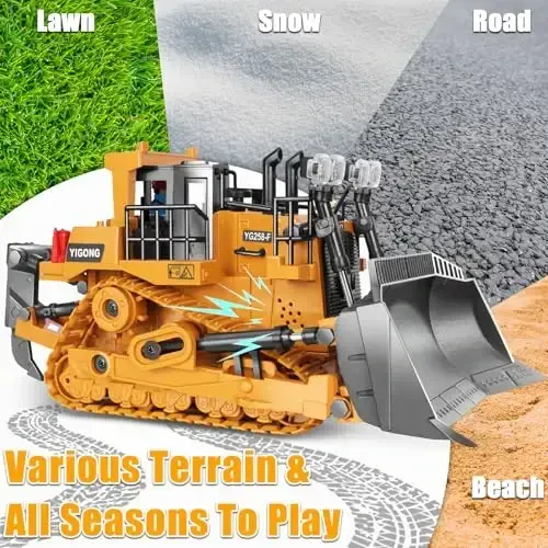 Remote Controlled Bulldozer, 9-Channel Metal RC Construction Vehicle Toy with Lights, Sound, and Rechargeable Battery, Remote Controlled Bulldozer Toy Gift for Kids Boys Girls Aged 4-12 (2.4 GHz) - 4