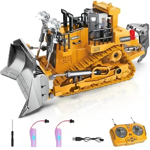 Remote Controlled Bulldozer, 9-Channel Metal RC Construction Vehicle Toy with Lights, Sound, and Rechargeable Battery, Remote Controlled Bulldozer Toy Gift for Kids Boys Girls Aged 4-12 (2.4 GHz) - REMOTE