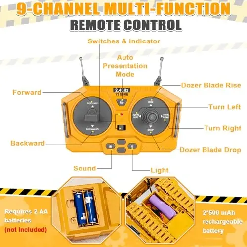 Remote Controlled Bulldozer, 9-Channel Metal RC Construction Vehicle Toy with Lights, Sound, and Rechargeable Battery, Remote Controlled Bulldozer Toy Gift for Kids Boys Girls Aged 4-12 (2.4 GHz) - 5