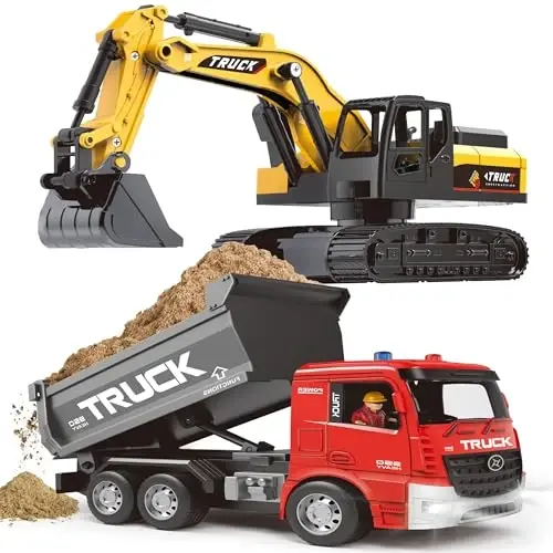 Remote Control Excavator and Dump Truck Toy Set - RC Construction Vehicles Toy with Barricades, Road Signs, Simulated Rocks, Lights and Sounds, Birthday Gifts for Toddlers 3-12 year Boys Girls 