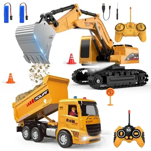 Remote Control Excavator and Dump Truck Toy Set - RC Construction Vehicles Toy with Barricades, Road Signs, Simulated Rocks, Lights and Sounds, Birthday Gifts for Toddlers 3-12 year Boys Girls 