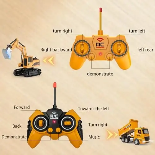 Remote Control Excavator and Dump Truck Toy Set - RC Construction Vehicles Toy with Barricades, Road Signs, Simulated Rocks, Lights and Sounds, Birthday Gifts for Toddlers 3-12 year Boys Girls - 4