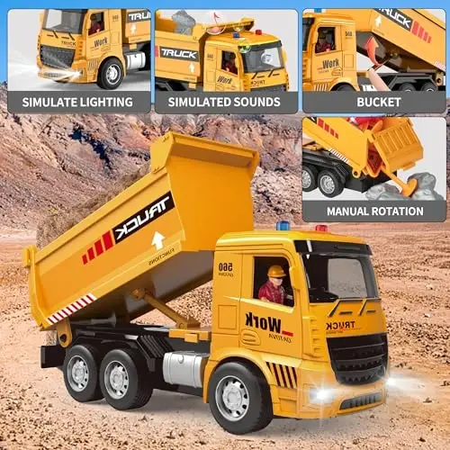 Remote Control Excavator and Dump Truck Toy Set - RC Construction Vehicles Toy with Barricades, Road Signs, Simulated Rocks, Lights and Sounds, Birthday Gifts for Toddlers 3-12 year Boys Girls - 6