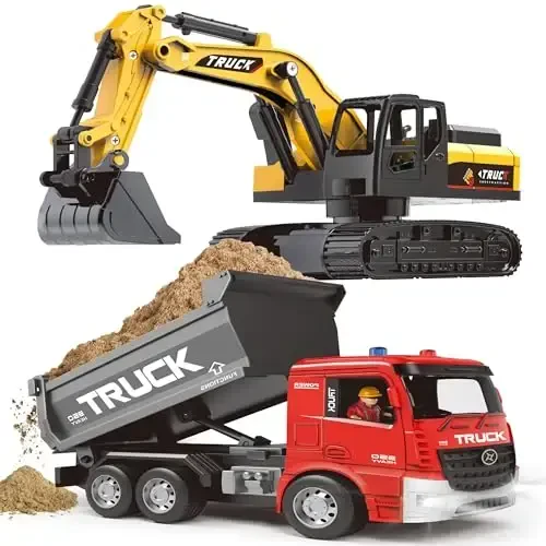 Remote Control Excavator and Dump Truck Toy Set - RC Construction Vehicles Toy with Barricades, Road Signs, Simulated Rocks, Lights and Sounds, Birthday Gifts for Toddlers 3-12 year Boys Girls 