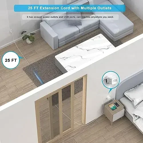 Uzatgich simi 25 FT, TOPREK 5 AC rozetkasi 4 USB, USB quvvatlagichi, USB C (15.5W/3.0A) quvvatlagich kuchlanishdan himoyalangan, kvartira, uy studiyasi, RV uchun yassi vilkali uzatgich simi - 2