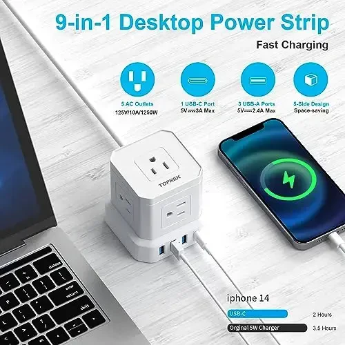 Uzatgich simi 25 FT, TOPREK 5 AC rozetkasi 4 USB, USB quvvatlagichi, USB C (15.5W/3.0A) quvvatlagich kuchlanishdan himoyalangan, kvartira, uy studiyasi, RV uchun yassi vilkali uzatgich simi - 3