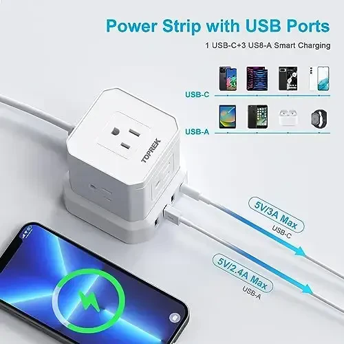 Uzatgich simi 25 FT, TOPREK 5 AC rozetkasi 4 USB, USB quvvatlagichi, USB C (15.5W/3.0A) quvvatlagich kuchlanishdan himoyalangan, kvartira, uy studiyasi, RV uchun yassi vilkali uzatgich simi - 4