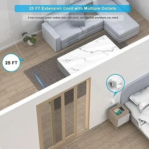 Uzatgich simi 25 FT, TOPREK 5 AC rozetkasi 4 USB, USB quvvatlagichi, USB C (15.5W/3.0A) quvvatlagich kuchlanishdan himoyalangan, kvartira, uy studiyasi, RV uchun yassi vilkali uzatgich simi - 2