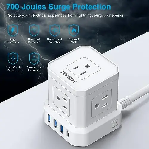 Uzatgich simi 25 FT, TOPREK 5 AC rozetkasi 4 USB, USB quvvatlagichi, USB C (15.5W/3.0A) quvvatlagich kuchlanishdan himoyalangan, kvartira, uy studiyasi, RV uchun yassi vilkali uzatgich simi - 5