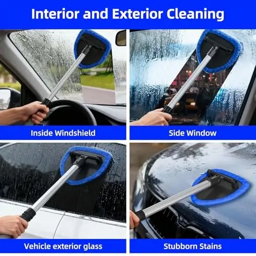 Windshield Cleaning Tool - Extendable Handle Car Window Cleaner with 4 Reusable Cloth Pads, Auto Glass Wiper Kit for Interior & Exterior, Ideal for Dirty Car Windows (Blue) - 5